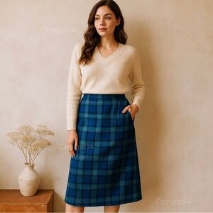 Vintage Pendleton Virgin Wool Tartan Plaid Midi Skirt Blue Aqua Size M USA Made